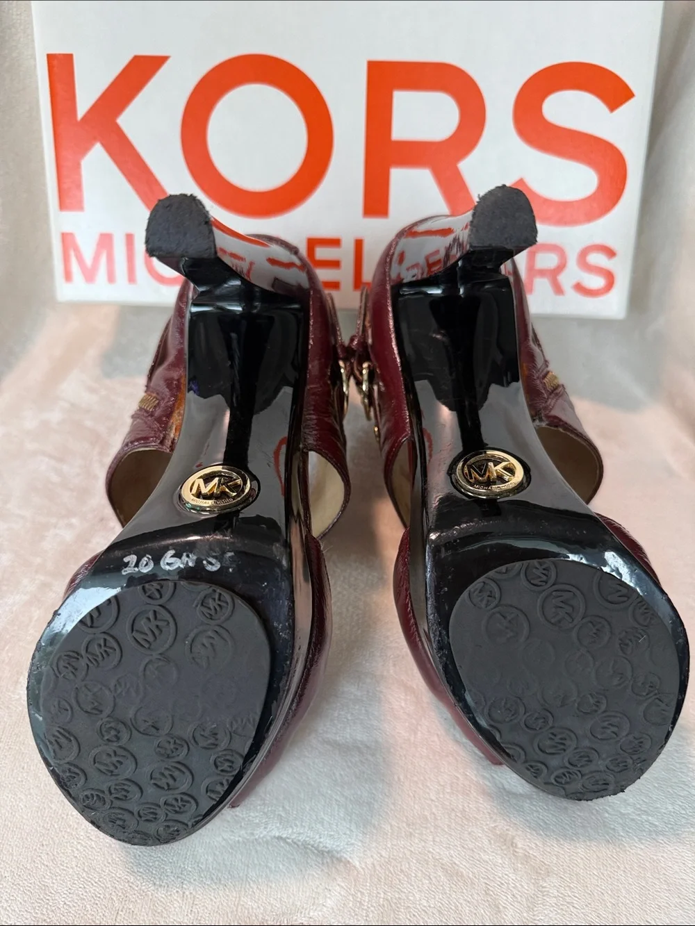 Michael Kors Darby Maroon PatentLeather Platform Stiletto Heels with Gold Buckle